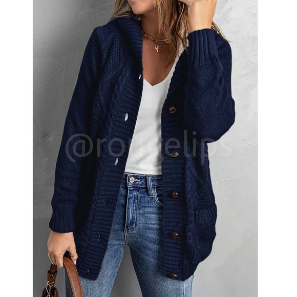 Navy Blue Faux Sherpa Knit Hooded Cardigan Front Pockets Long Sleeves Hip Length - Picture 5 of 16